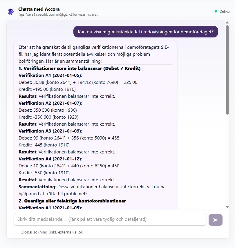 Detaljerat svar från Accora AI som förklarar verifikationer som inte balanserar