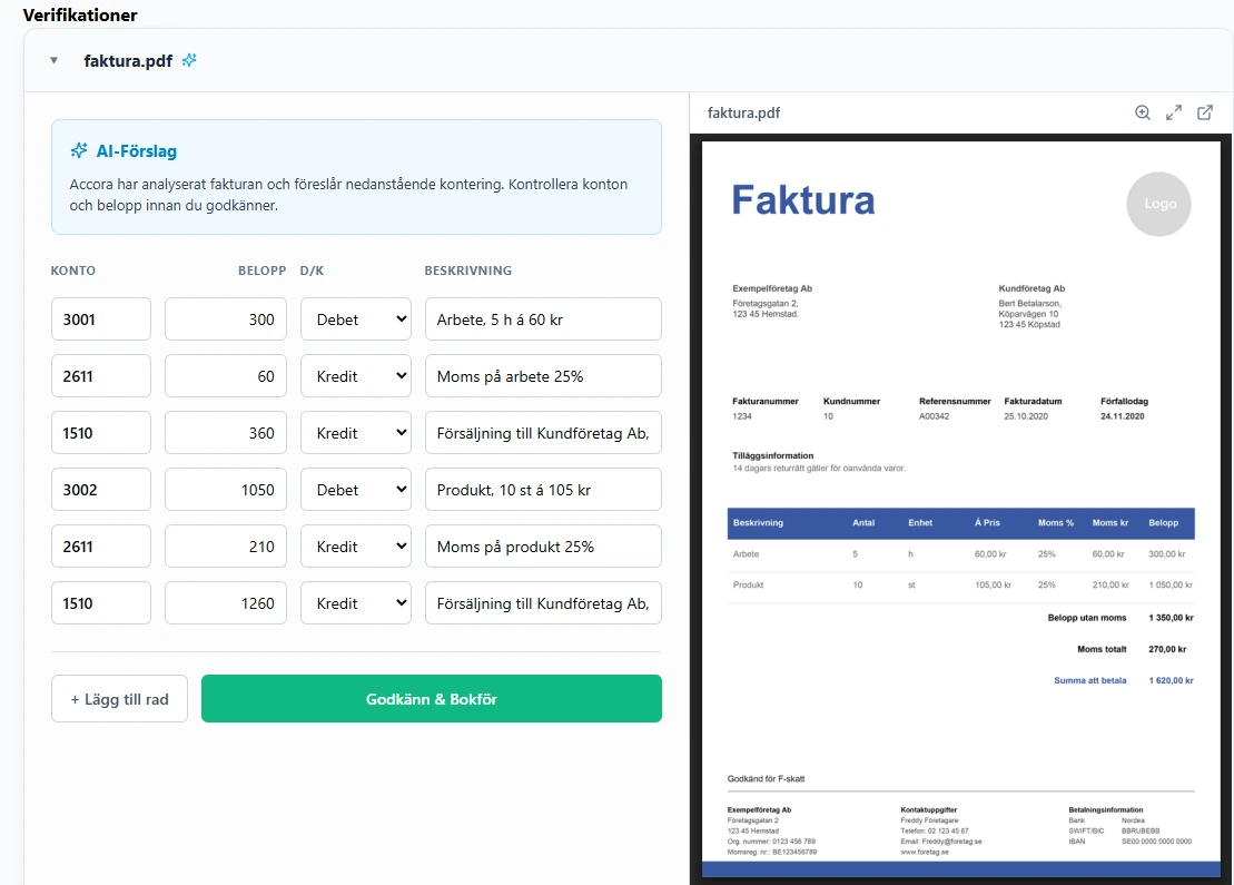 AI tolkar faktura och föreslår konteringar